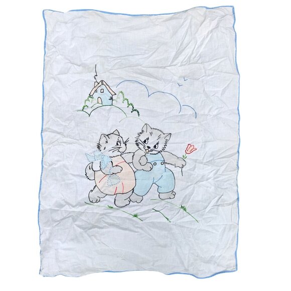 Other - Vintage Handmade Embroidered Cat Crib Top Coverlet 27x35